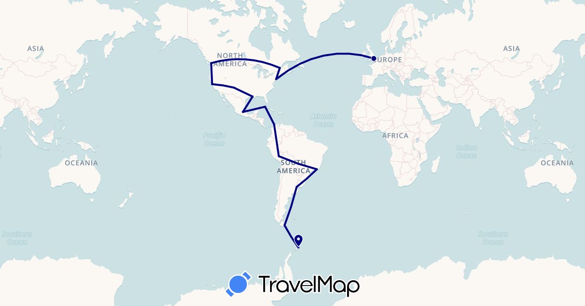 TravelMap itinerary: driving in Argentina, Brazil, Canada, Chile, Colombia, Cuba, United Kingdom, Mexico, Peru, United States (Europe, North America, South America)