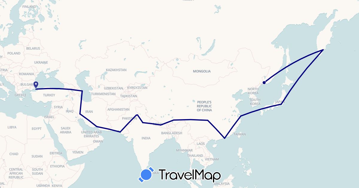 TravelMap itinerary: driving in Azerbaijan, China, Hong Kong, India, Iran, Japan, Nepal, Pakistan, Russia, Turkey (Asia, Europe)