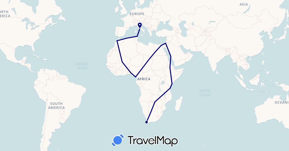 TravelMap itinerary: driving in Egypt, Ethiopia, Equatorial Guinea, Israel, Italy, Kenya, Morocco, Mali, Nigeria, Saudi Arabia, Tunisia, Tanzania, South Africa, Zimbabwe (Africa, Asia, Europe)
