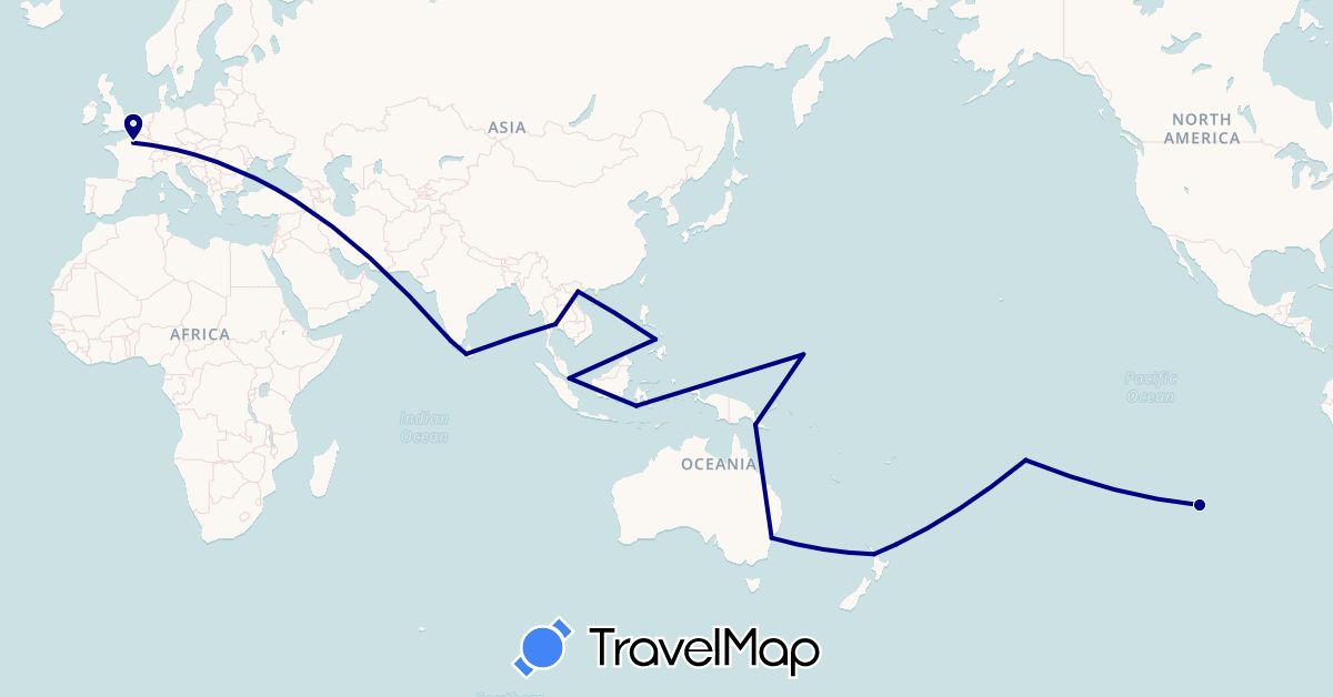 TravelMap itinerary: driving in Australia, Chile, Micronesia, France, Indonesia, India, Sri Lanka, New Zealand, Papua New Guinea, Philippines, Singapore, Thailand, Vietnam (Asia, Europe, Oceania, South America)